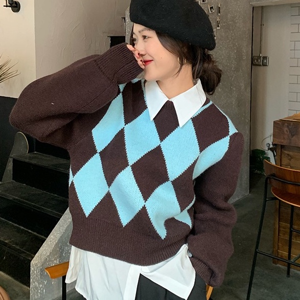 Áo Sweater Dệt Kim Dáng Rộng Màu Sắc Tương Phản Phong Cách Retro Dành Cho Nữ