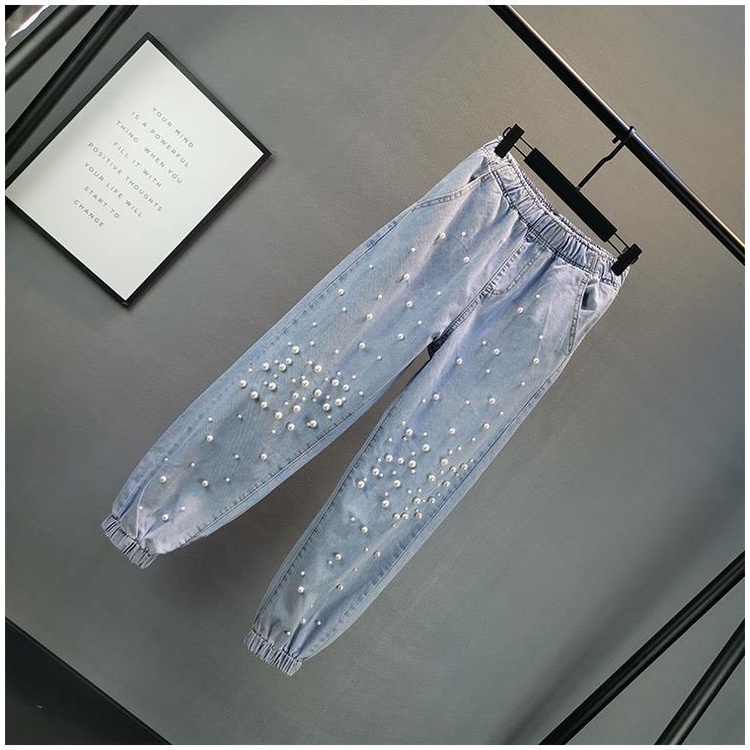 Jeans Women's Fashion 2022 Spring / Summer New European ins loose, skinny, tight waist nails, beads and Harlan trousers