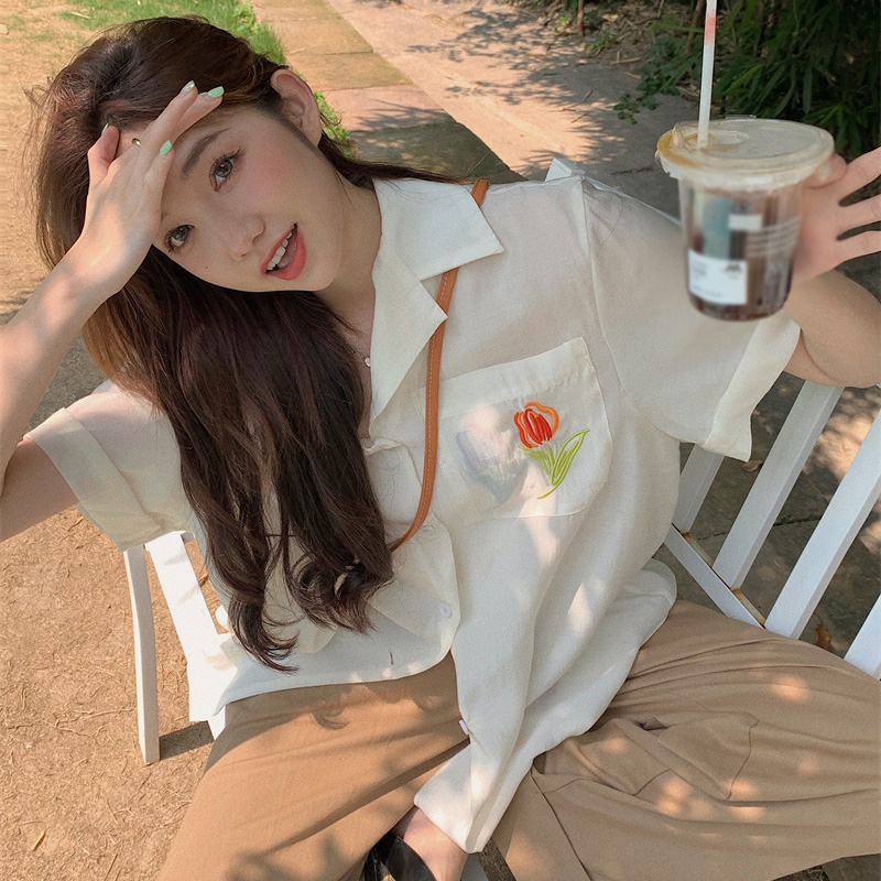 Áo Sơ Mi Ngắn Tay Dáng Rộng Thêu Hoa Hồng Phong Cách Retro Thời Trang Mùa Hè Dành Cho Nữ