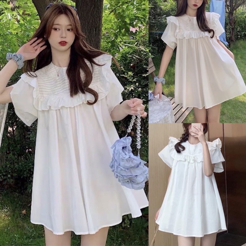 Váy babydoll bèo vai xếp ly ngang DÁNG NGẮN form xoè
