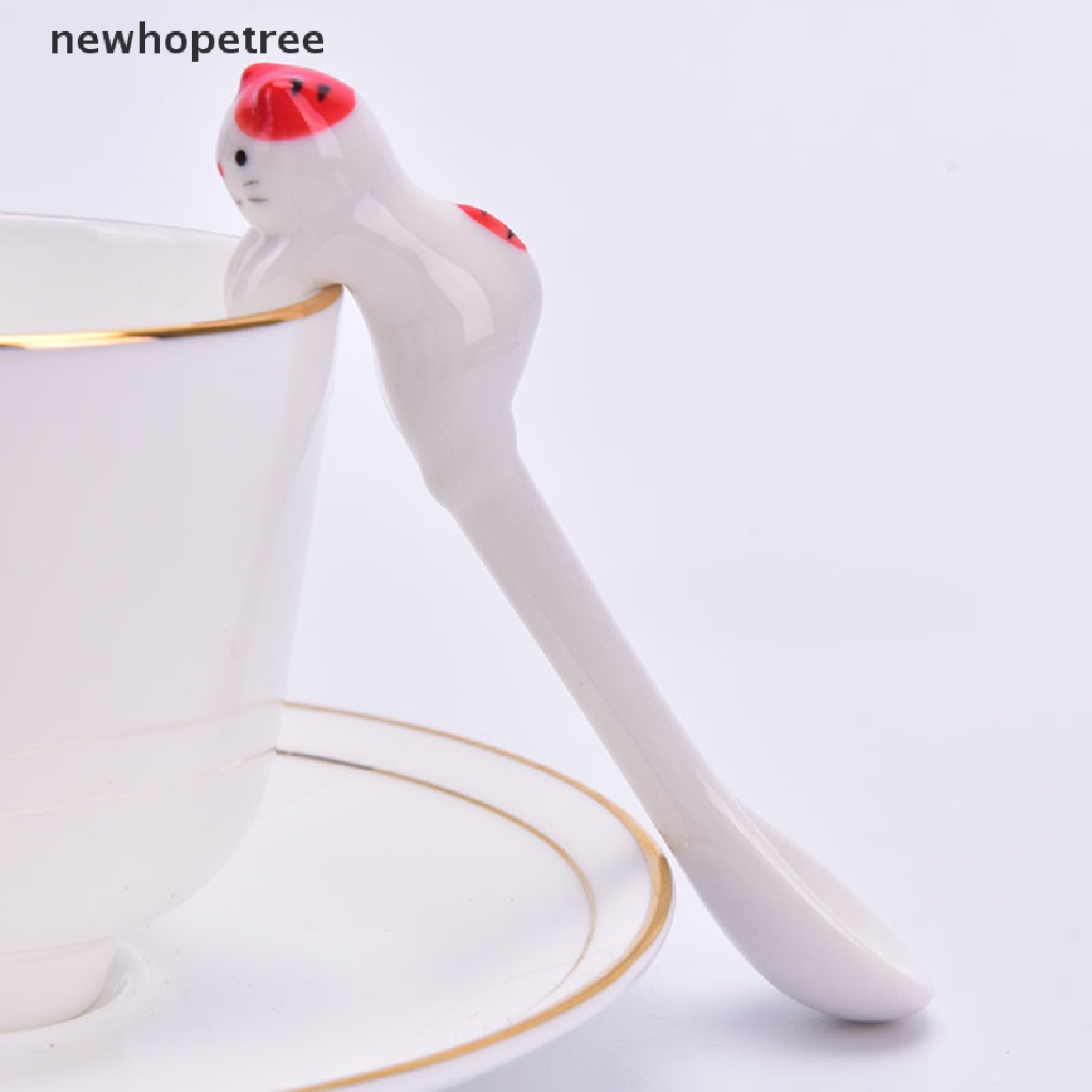 newhopetree 1x Ceramic Cartoon Cute Cat Animal Spoons Hanging Coffee Cutlery Dessert Tool OIK