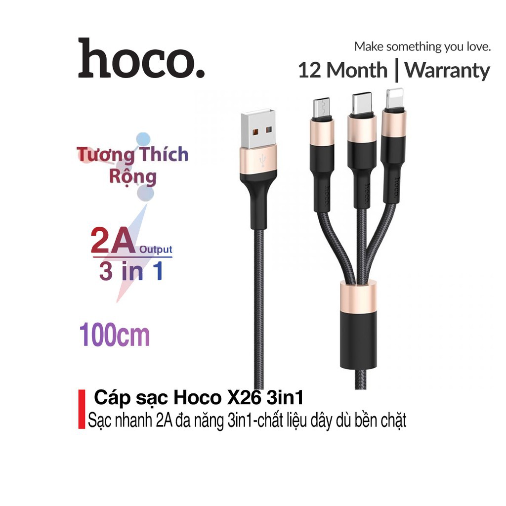 [ Giá siêu rẻ,chính hãng ] Cáp sạc Hoco X26 , CX3 3 đầu đa năng Lightning - Micro - Type C dài 1m dây dù siêu bền