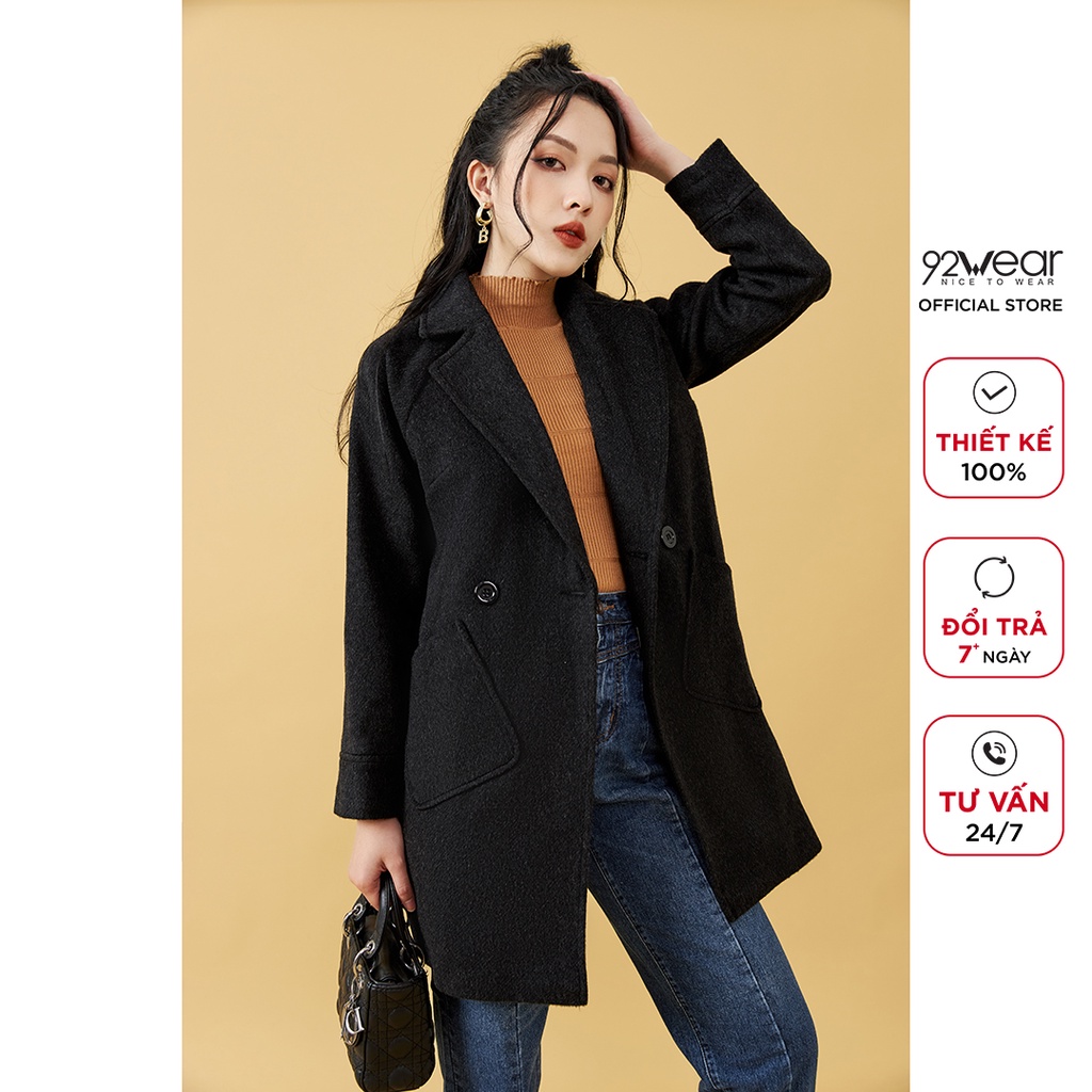 Áo khoác dạ dài nữ 92WEAR 2 túi ốp KDA1269