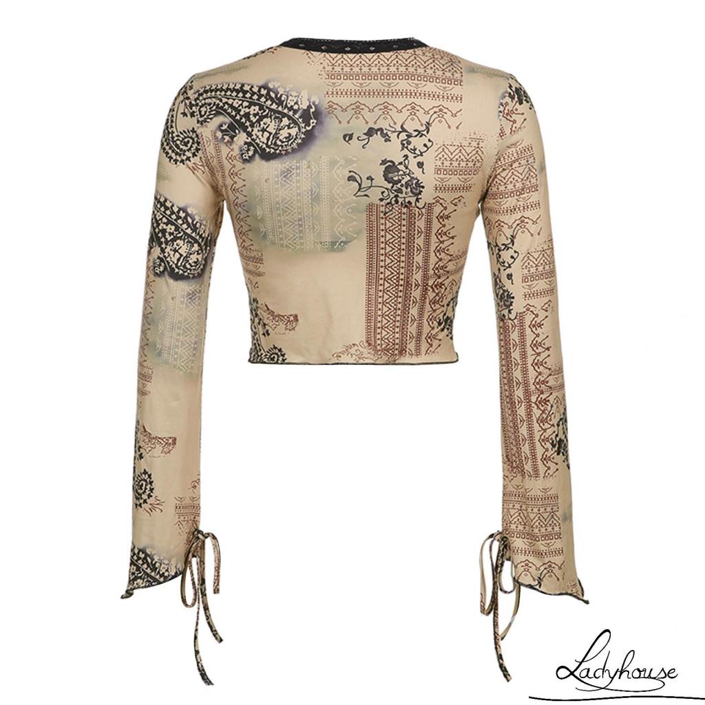 Áo thun tay dài cổ chữ V hở rốn in họa tiết trừu tượng cổ điển dành cho nữ