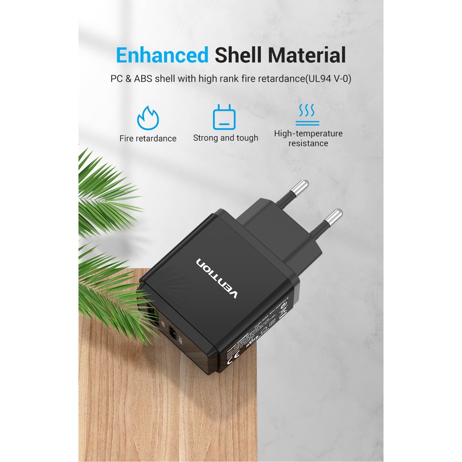 Củ sạc nhanh 20W Vention QC67 - Tiêu chuẩn PD3.0 và QC3.0 - Hỗ trợ 2 cổng USB A &amp; C