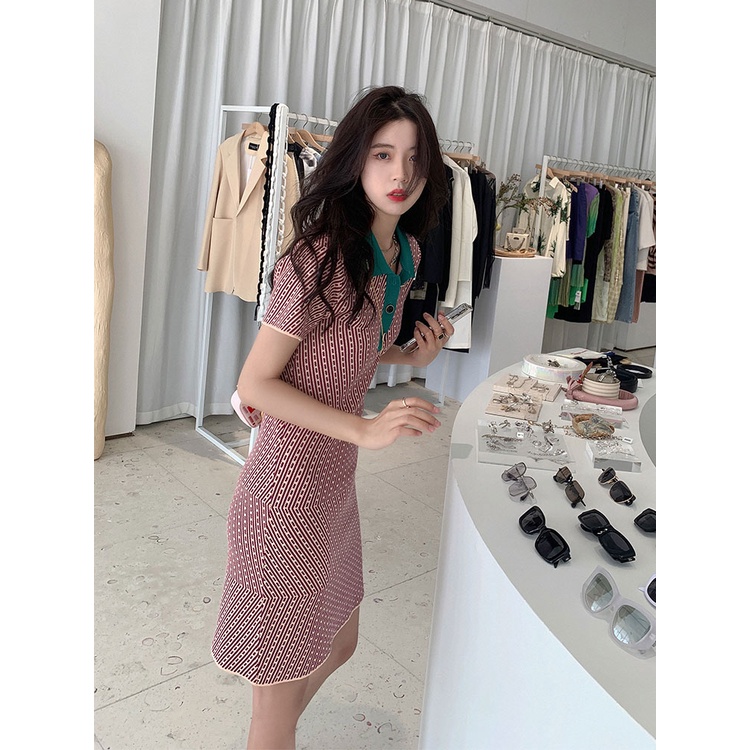 Đầm Dệt Kim Tay Ngắn Cổ Polo Dáng Ôm In Hoa Thời Trang Mùa Hè Retro Cho Nữ