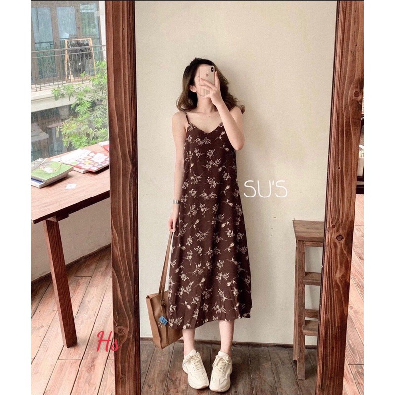 SUV012 Váy 2 dây hoa nhí dáng dài qua gối cổ V vintage Ulzzang Đầm nữ maxi voan retro kiểu dáng Hàn Quốc bánh bèo cute