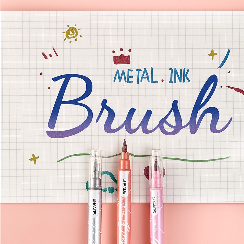 Set 1/6 Bút Lông Hai Đầu Mềm Mại Thân Kim Loại Dùng Trong Trường Học