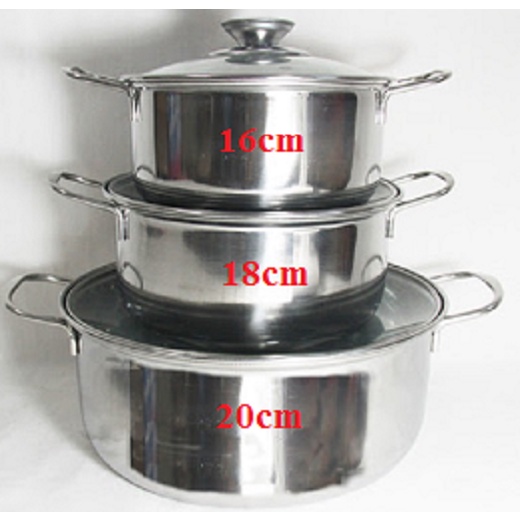 Bộ Nồi inox Cao Cấp Kèm  Chảo Chống Dính, Lớp Thép Dày Kích Thước 16cm +18Cm +24Cm Phù Hợp Mọi Loại Bếp