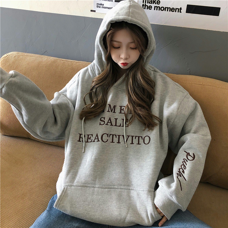 Áo hoodie SUXI dáng rộng thêu họa tiết chữ cái phong cách Hàn Quốc retro thời trang mới dành cho nữ