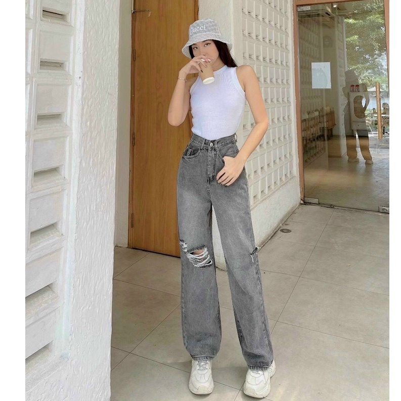 Quần Jean Nữ Ống Rộng Lưng Cao Phủ Gót MINJEAN M4007, Quần Baggy Nữ Rách Phom Ống Suông Dài Siêu Hack Dáng