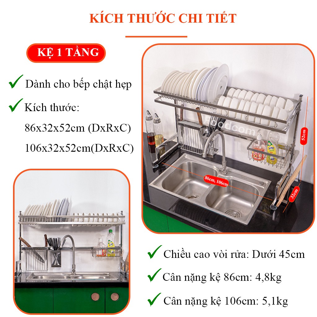 [86cm 1 tầng - CHÍNH HÃNG FOODCOM] - Kệ inox cao cấp để bồn rửa bát thông minh - Kiểu dáng mới nhất - Size 86cm - 1 tầng