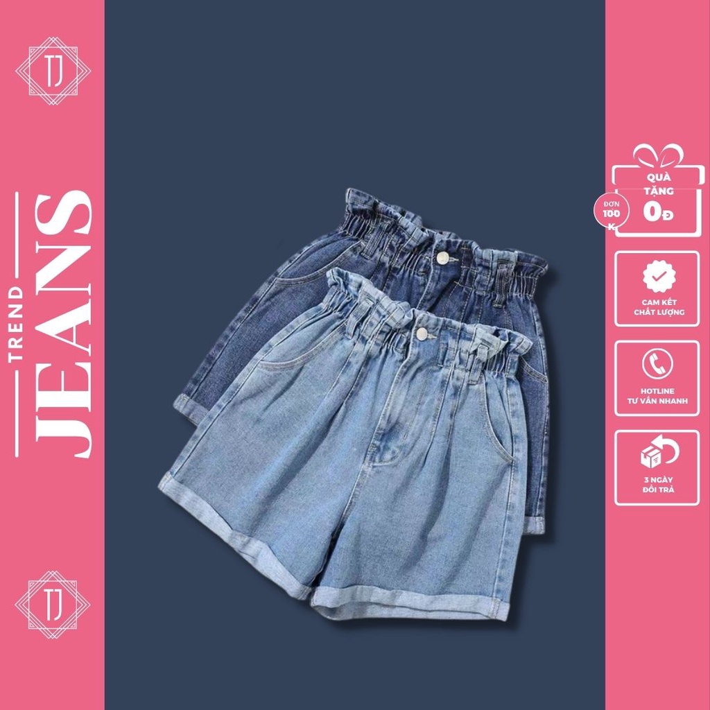Quần short jeans nữ lưng chun thoải mái gấp gấu tạo kiểu