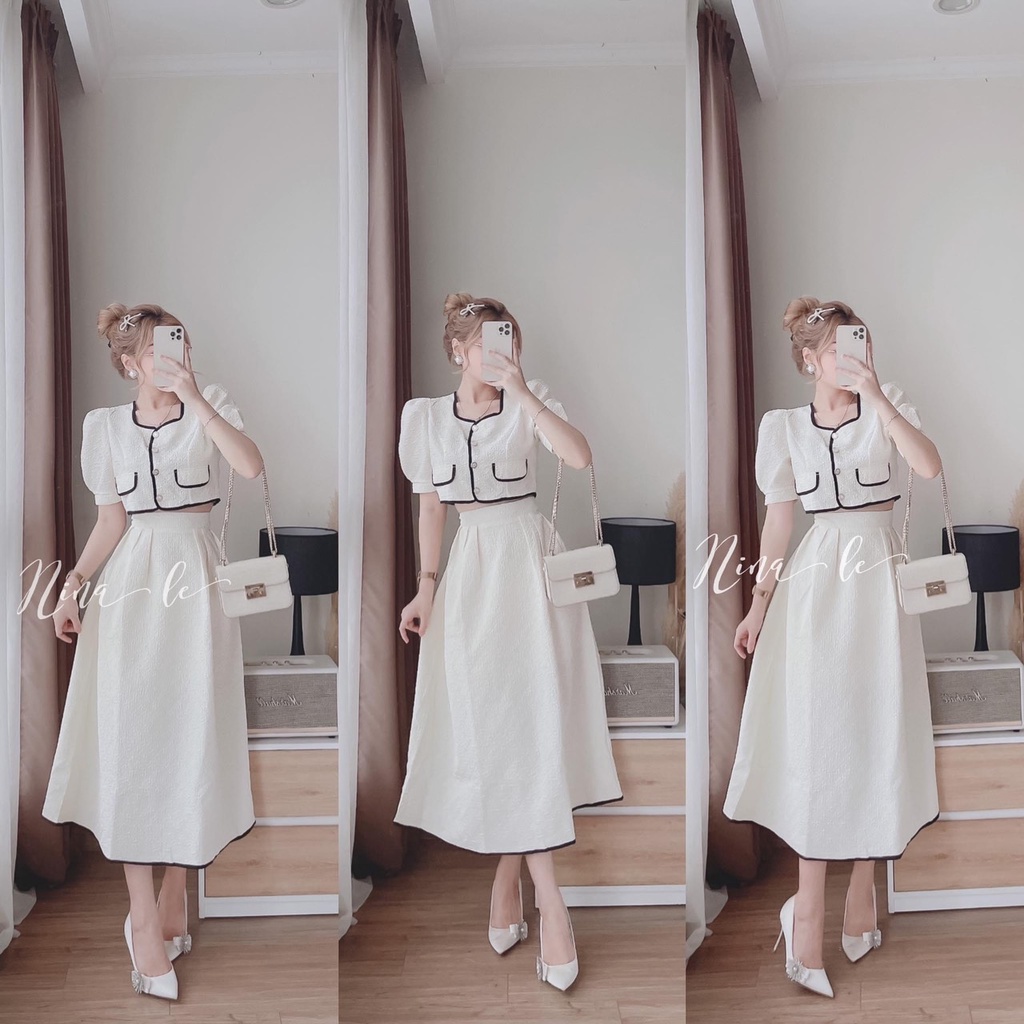 SET TIỂU THƯ ÁO CROPTOP TAY BỒNG CỔ VIỀN PHỐI CHÂN VÁY DÀI XẾP LY SIÊU ĐẸP (CÓ ẢNH THẬT)