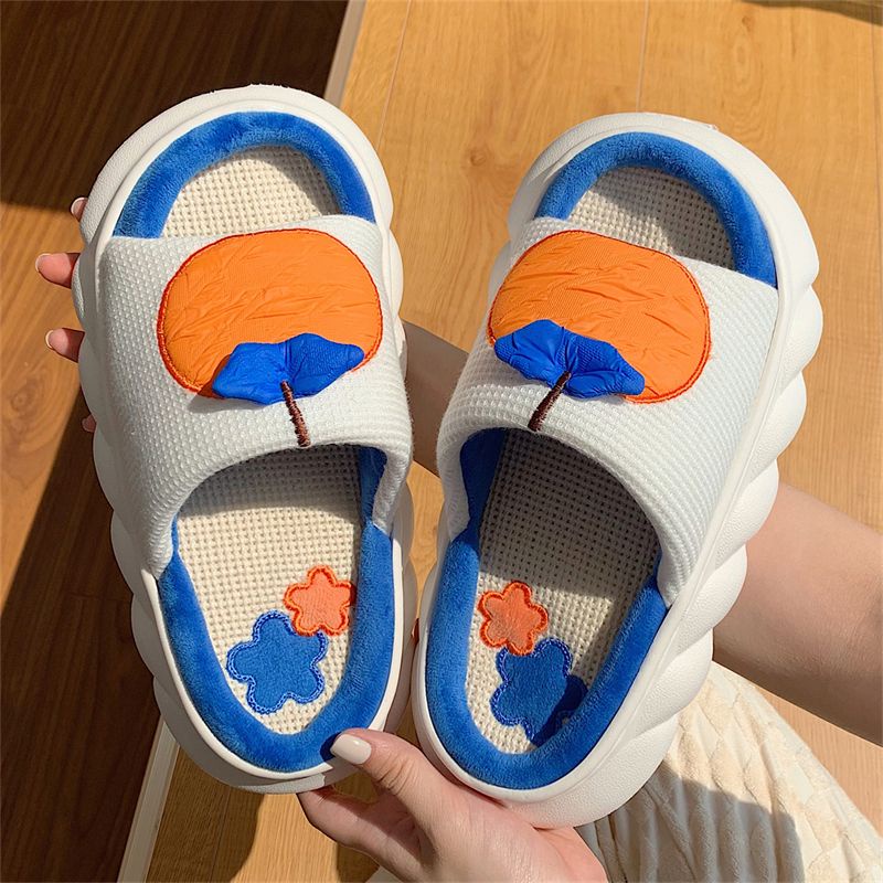 Oeteo Dép Cotton Lanh Đi Trong Nhà Đế Dày Màu Cam Cho Nữ