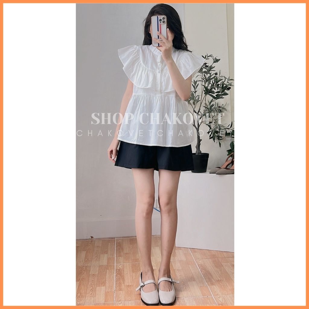 Set đồ nữ sơ mi quần đùi S8234 set babydoll nữ kèm quần, kiểu áo cổ tàu cánh tiên bánh bèo sang chảnh freesize -CHAKOVET