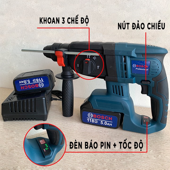 Máy khoan pin bê tông Bosch 118 V, Lõi đồng 100%, không chổi than, 3 chức năng, 2 pin siêu mạnh mẽ.