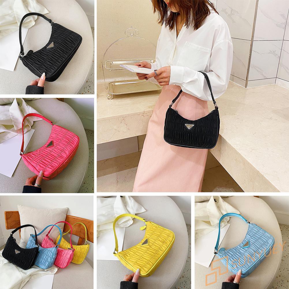 【In Stock】Nylon Women Handbag Retro Evening Clutch Pleated Shoulder Bag Shopping Tote