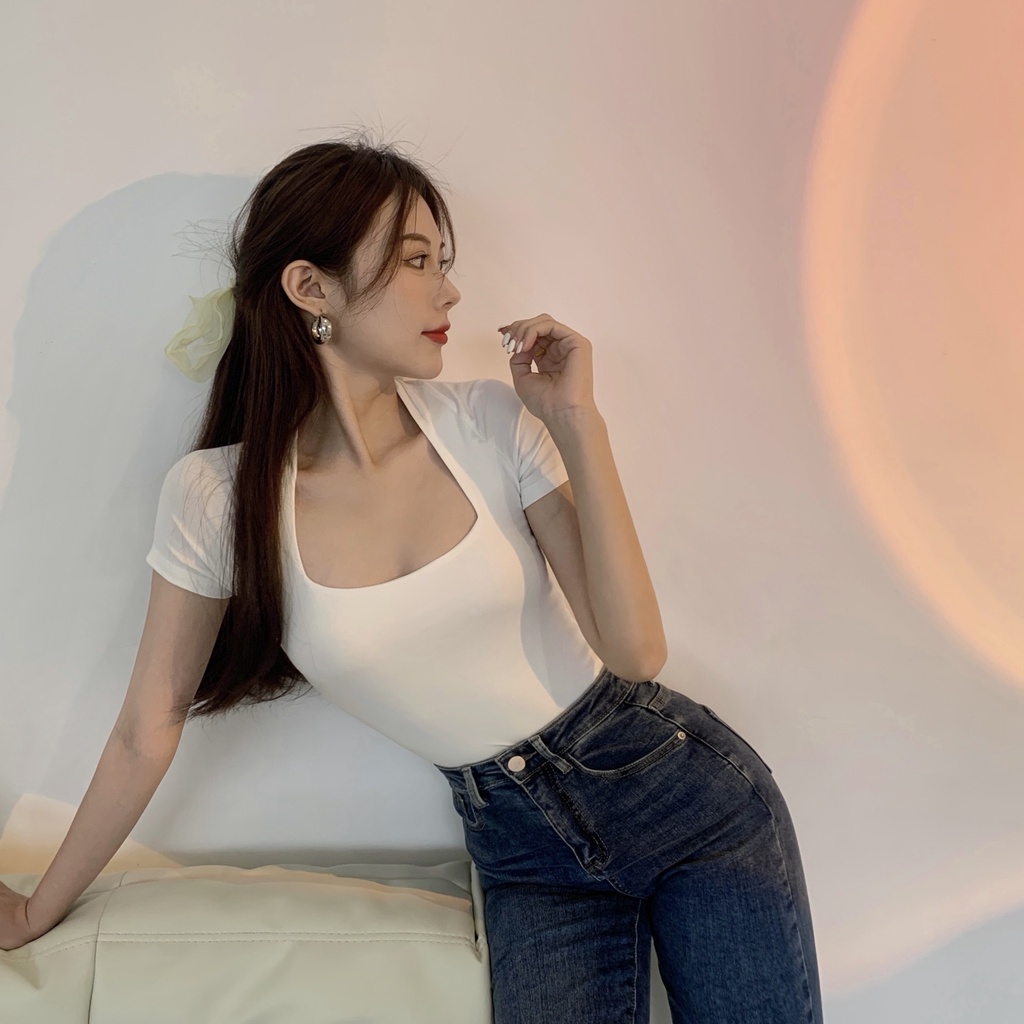 Áo thun croptop cổ u TIENKHISHOP rộng tay ngắn màu trơn ôm body UVTN BS32