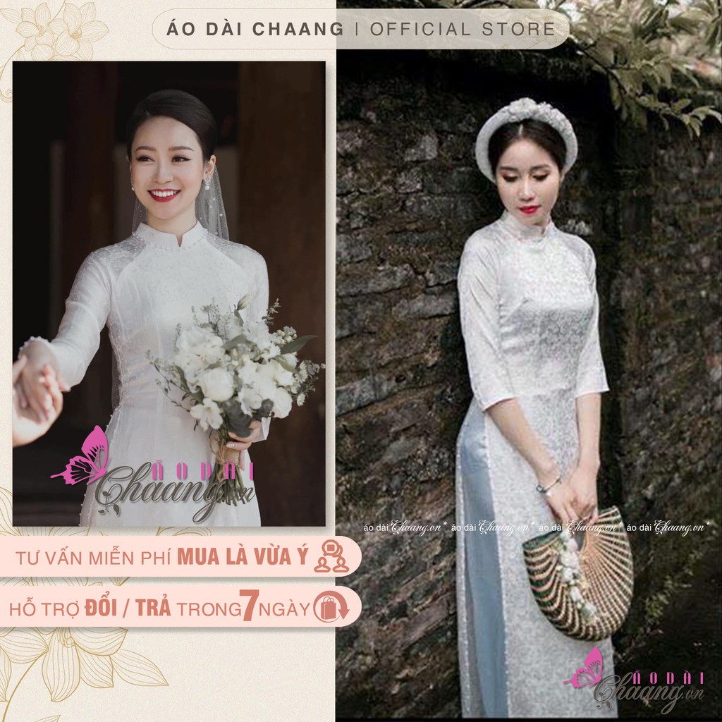 Áo dài cưới cô dâu_Chaang_May sẵn áo dài trắng đi tiệc, vải áo dài gấm cao cấp