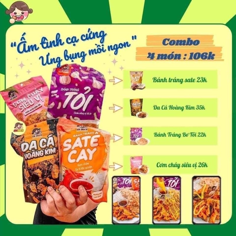 [SẴN SLL][FREESHIP ĐƠN TỪ 50K] COMBO “CẠ CỨNG” 4 BỊCH: DA CÁ, CƠM CHÁY, SATE, TỎI ABI’S SNACK