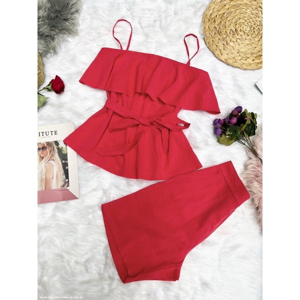 (Có size lớn) Set bộ 2 dây kiểu dáng peplum thắt nơ eo phối quần short ngắn LỤA LINEN cho bạn nữ dạo phố