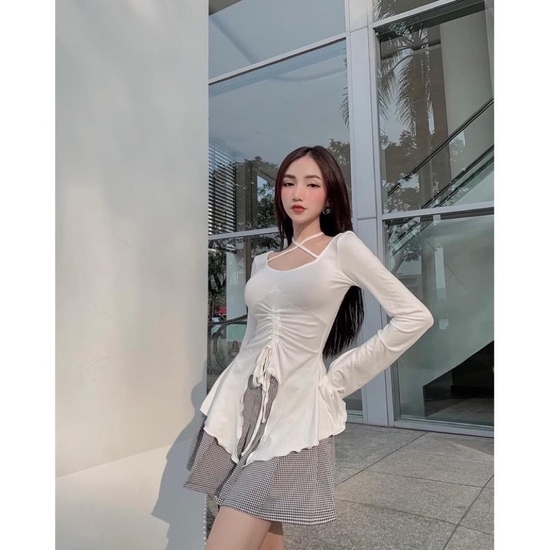 Áo kiểu nữ tay dài cánh bươm dây chéo cô