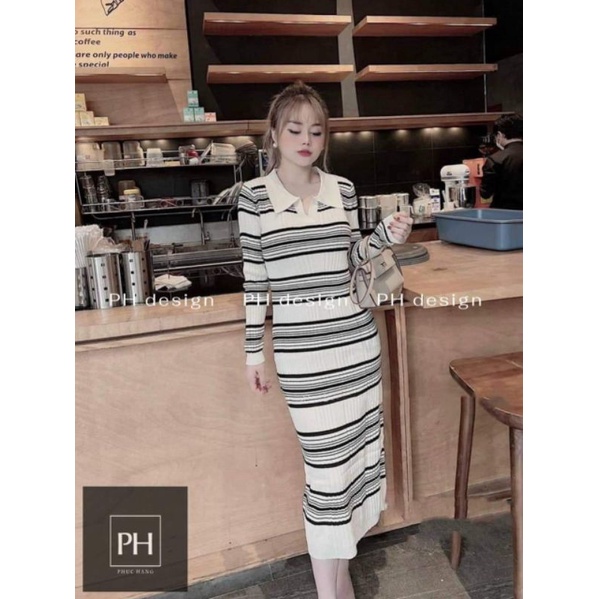 Váy len kẻ dài tay cổ bẻ hàng QCL1