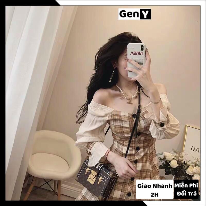 Đầm trễ vai dáng xoè tay dài, váy nữ dáng xòe GenY họa tiết caro phối tay bồng mặc được 2 kiểu xinh xắn