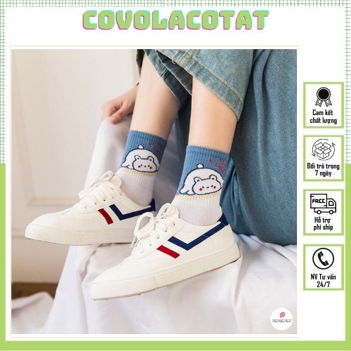 Tất cổ cao trắng họa tiết hình thú dễ thương set 5 đôi kèm túi xinh