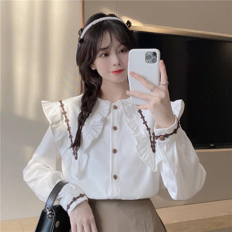 Áo sơ mi tay dài cổ búp bê phong cách Hàn Quốc thời trang dành cho nữ