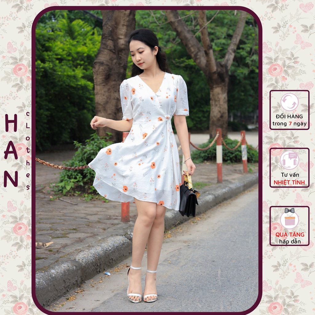 Đầm Hoa Thiết Kế Han, Váy Hoa Trắng Cổ V phối Nút Tang Trí Cực Xinh GTI145