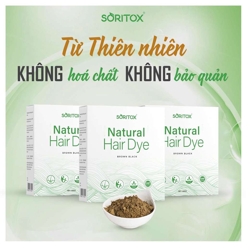 Soritox Hair 50GR - Bột lá Nhuộm tóc, phủ bạc Thảo mộc màu Nâu Đen tự nhiên từ bột lá Móng Ấn Độ và lá Chàm Việt Nam