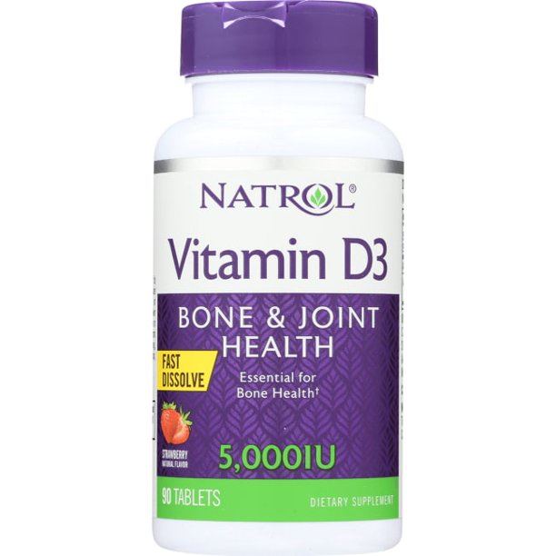 Viên uống Natrol - Vitamin D3 Fast Dissolve Bone & Joint Health Strawberry 5000 IU bổ sung Vitamin D