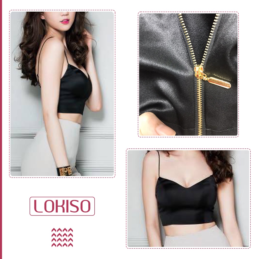 Áo hai dây nữ croptop dáng ôm có mút ngực lụa satin kiểu cao cấp LOKISO CT08