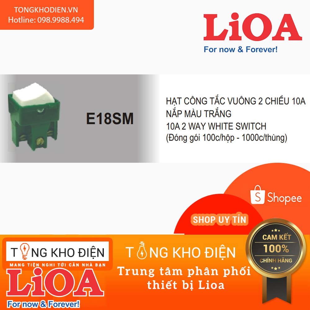 Hạt công tắc vuông 2 chiều LiOA, màu TRẮNG, tiếp điểm ĐỒNG