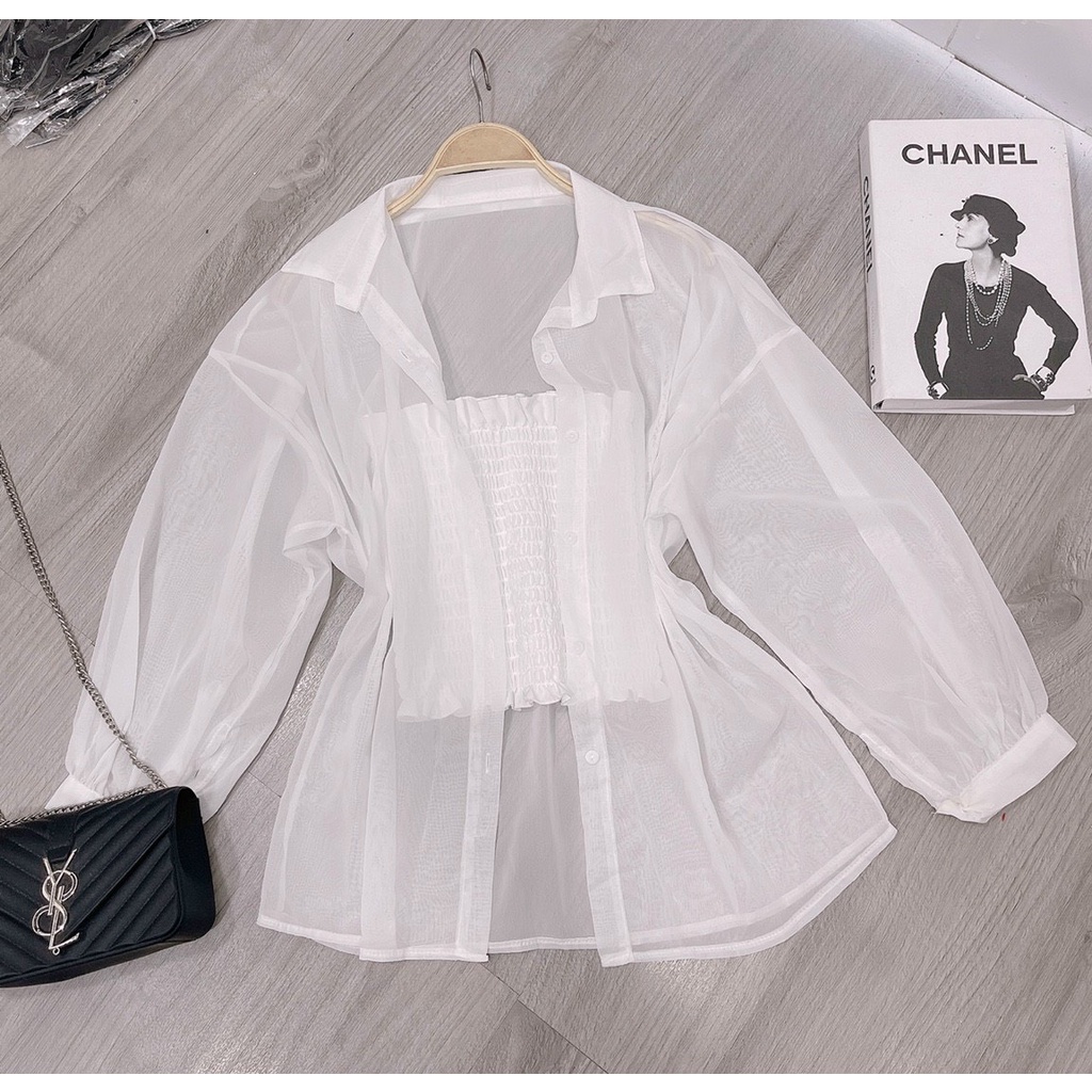 set áo sơ mi xinh kèm áo ống nhúm hot màu trắng tươi