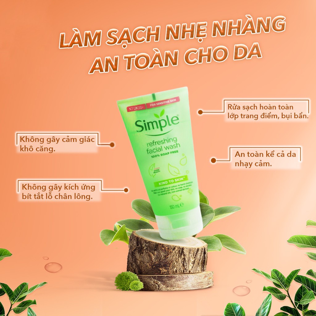 Sữa Rửa Mặt Simple Gel Kind To Skin Refreshing Facial Wash Gel 150ml dành cho mọi loại da