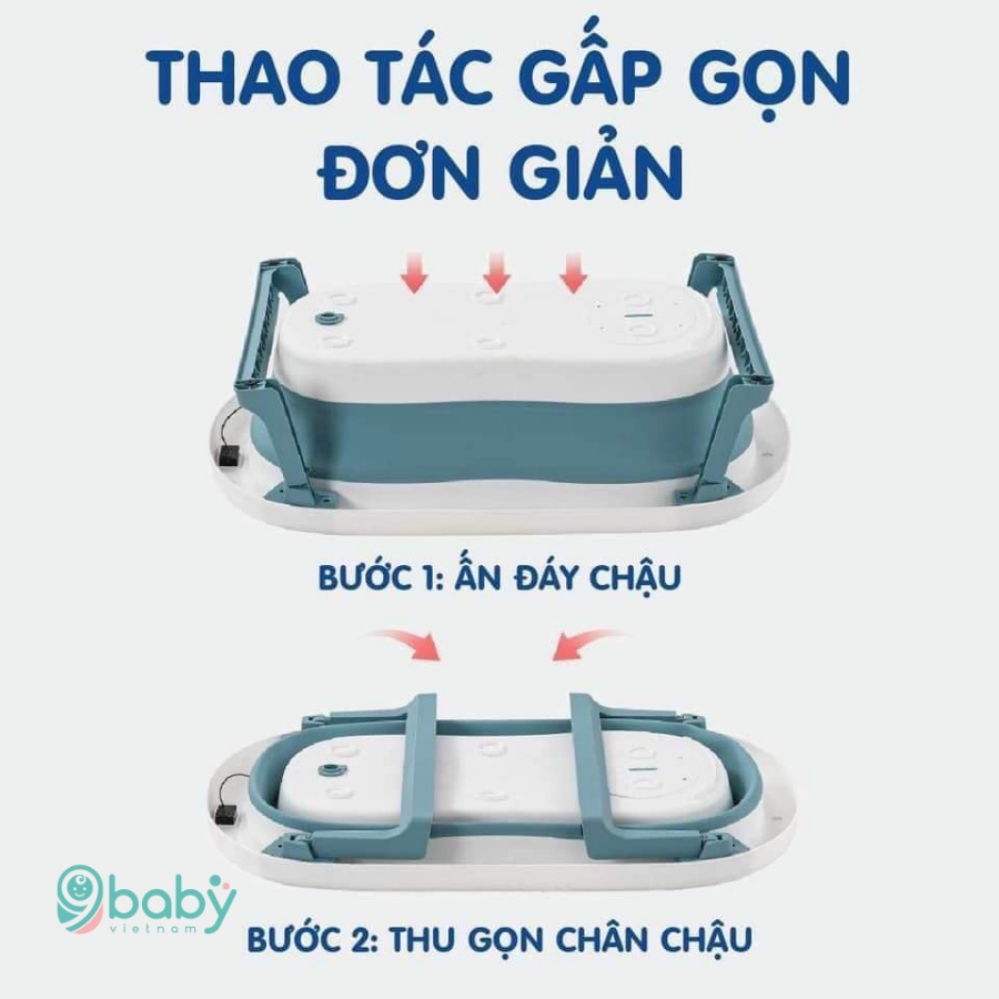 [ẢNH THẬT + VIDEO] Chậu tắm cho bé gấp gọn kèm phao có nhiệt kế màu xanh 9BABY