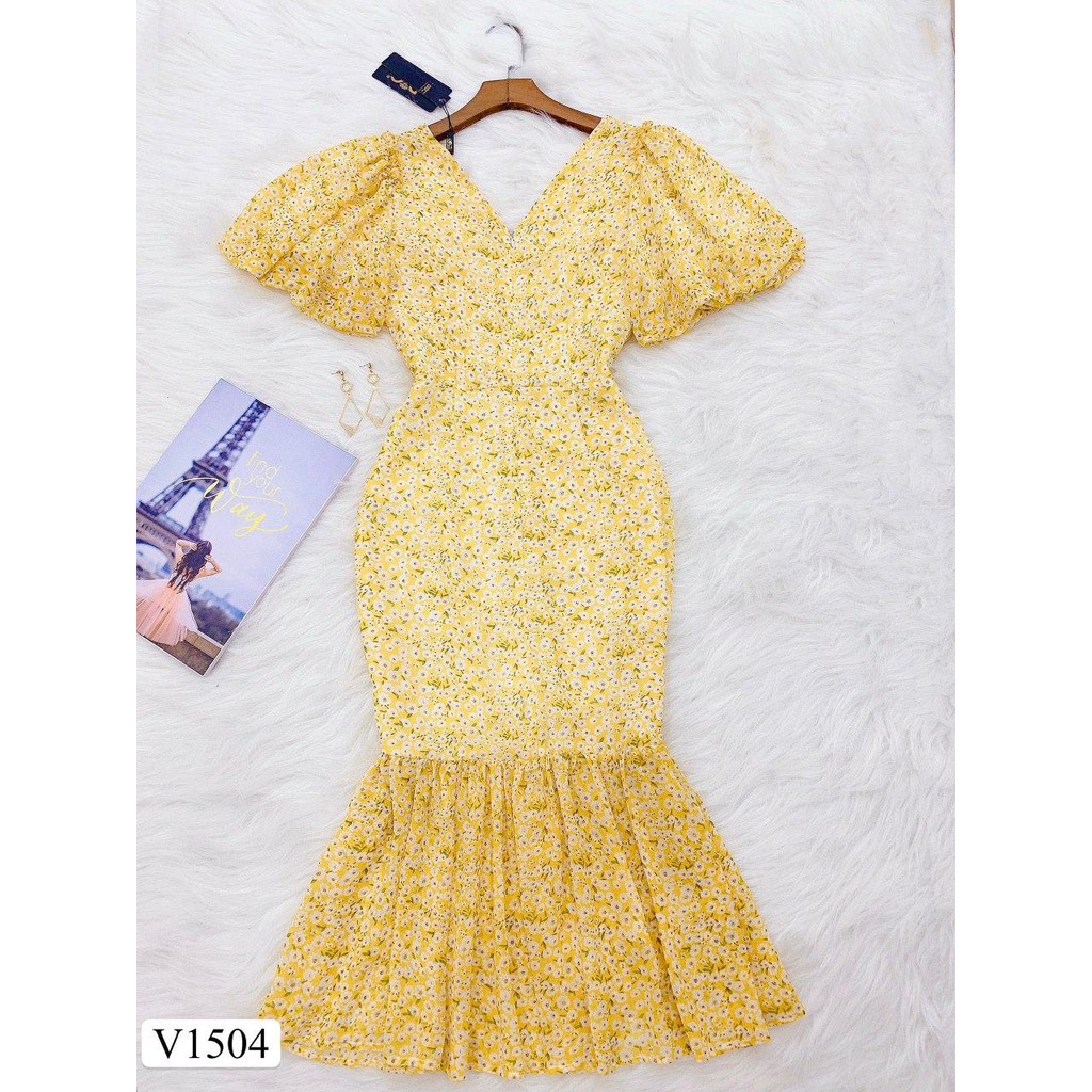 [BÁN LỖ VỐN - HÀNG SALE KHÔNG ĐỔI TRẢ]Đầm hoa vàng đuôi cá cổ tim nhúm eo phù hợp đi biển đi chơi V1504_Zin Boutique | BigBuy360 - bigbuy360.vn