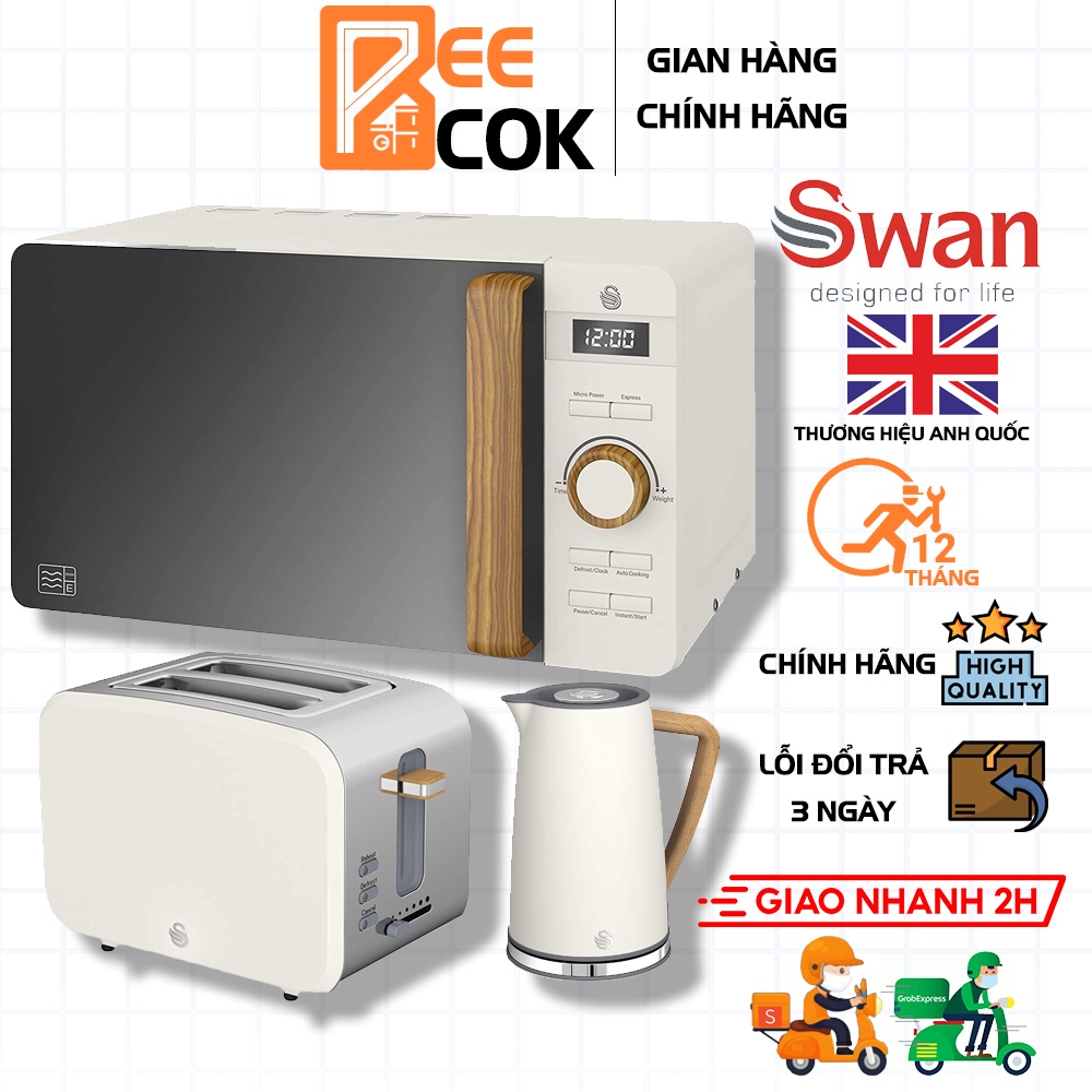 Bộ 3 ấm siêu tốc không dây, lò vi sóng, máy nướng bánh mì 2 lát Swan Nordic phong cách Bắc Âu, tay cầm gỗ, màu Trắng sữa