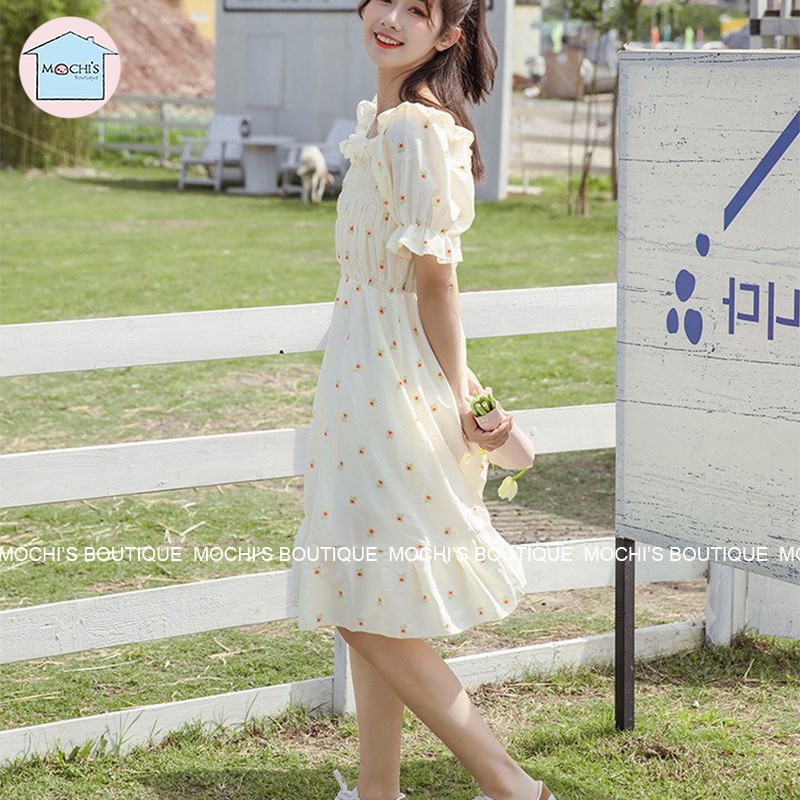 Váy đầm bánh bèo dáng xòe họa tiết hoa, mẫu váy đầm nữ đẹp mặc được 2 kiểu trễ vai hoặc cổ vuông, tiện lợi-M010 | BigBuy360 - bigbuy360.vn