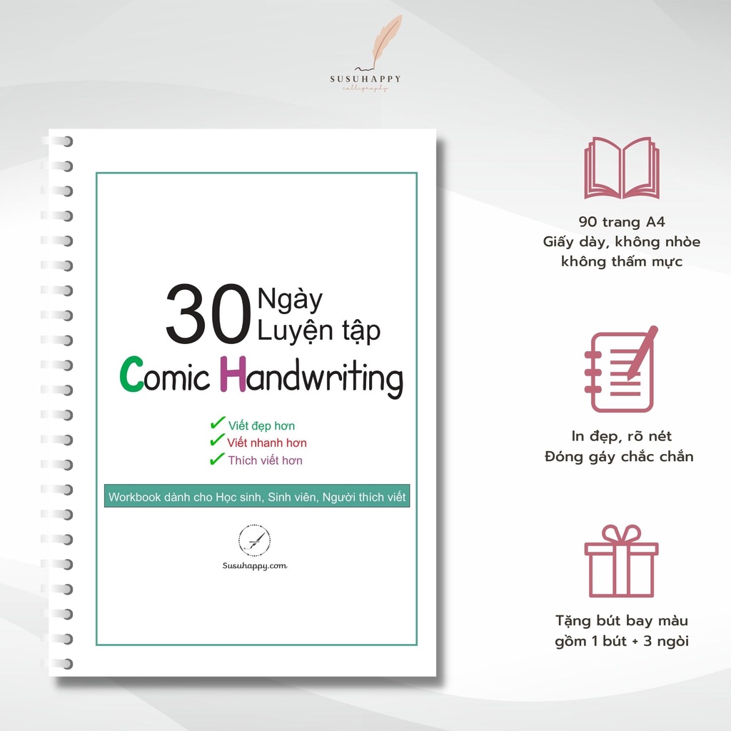 Workbook Luyện Viết Chữ Comic Handwriting Dễ Viết, Có Lộ Trình Hàng Ngày -Tặng Kèm Bút Bay Màu+3 Ngòi Thay