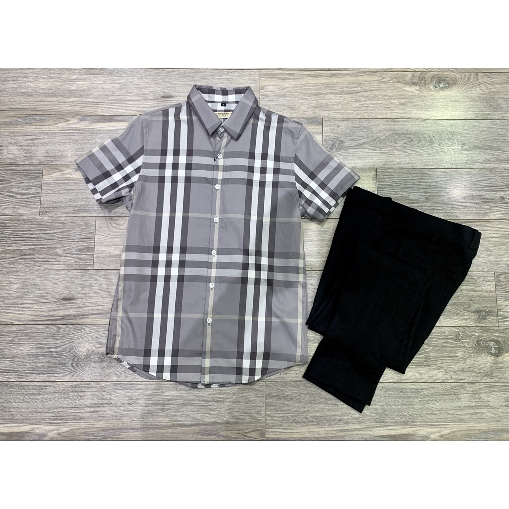 Áo sơ mi kẻ tay ngắn vải cotton , bbr cộc tay kẻ nhỏ mầu ghi sáng