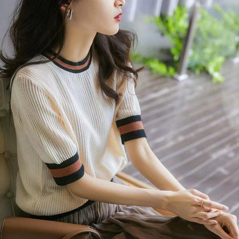 Áo Thun Cotton Dệt Kim Phối Màu Tương Phản Thoải Mái 2022