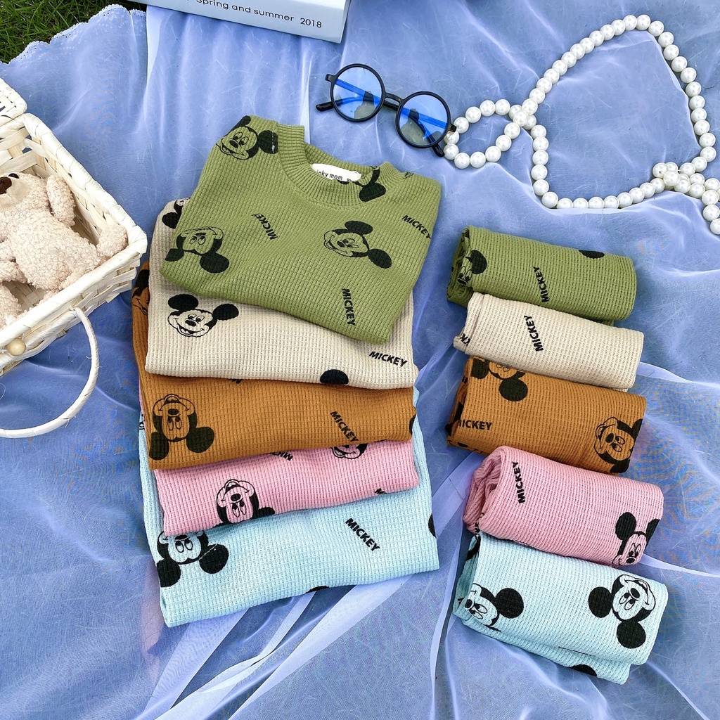 Bộ dài tay thu đông cho bé trai bé gái 8-18kg, vải tổ ong cao cấp, họa tiết Mickey ngộ nghĩnh - BO102