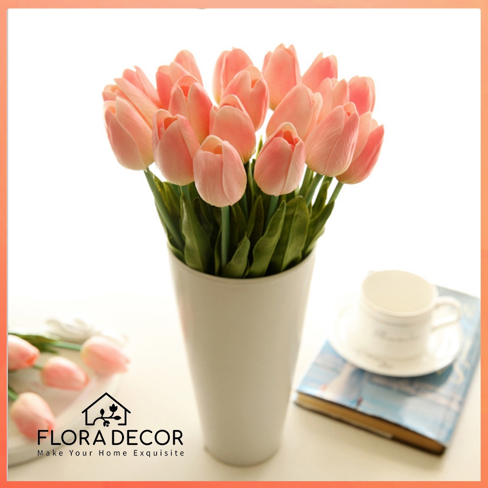 Hoa Tuylip lụa lá xoăn hàng loại 1 Flora Decor chất liệu cao su non cao cấp