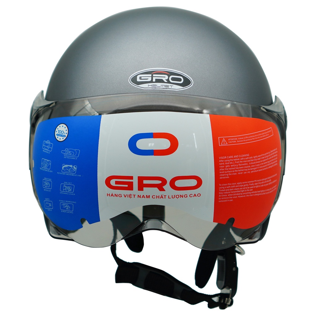Mũ Bảo Hiểm 3/4 đầu GRO Helmet T818 có kính ngắn che nửa mặt, kiểu dáng thời trang cho nữ, khóa kim loại - Xám Nhám