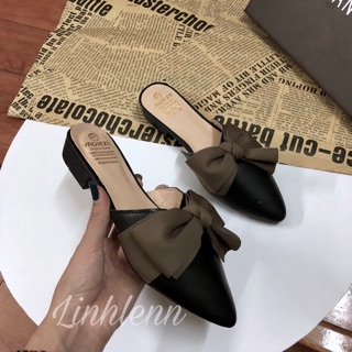 Giày mules nơ mũi nhọn gót vuông 3cm