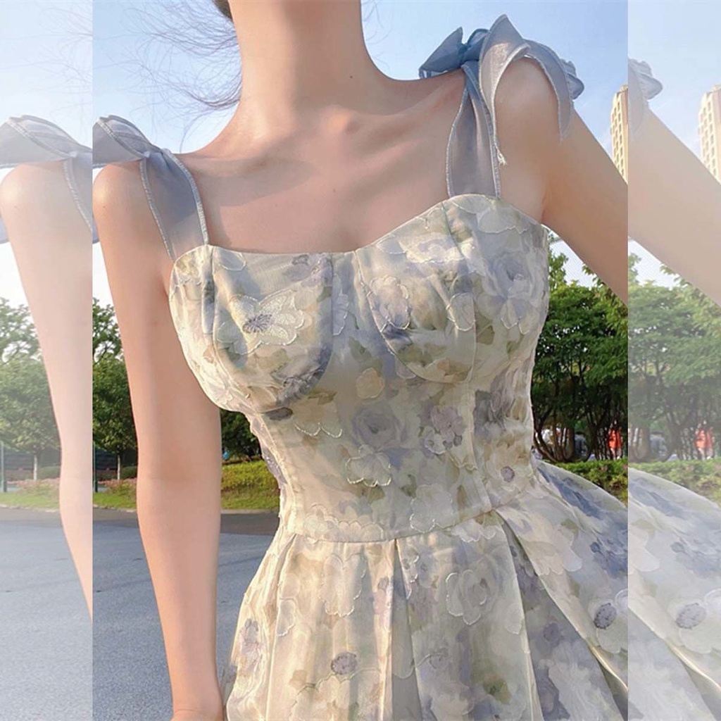 Đầm Hai Dây Chiết Eo Họa Tiết Hoa Tranh Sơn Dầu Phong Cách Pháp Thời Trang Mùa Hè Chất Lượng Cao